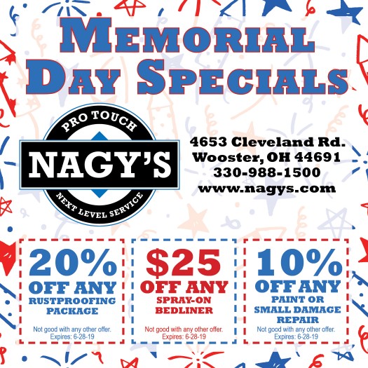 Memorial Day Specials at Nagy's Pro Touch, give us a call for more information 330-988-1500